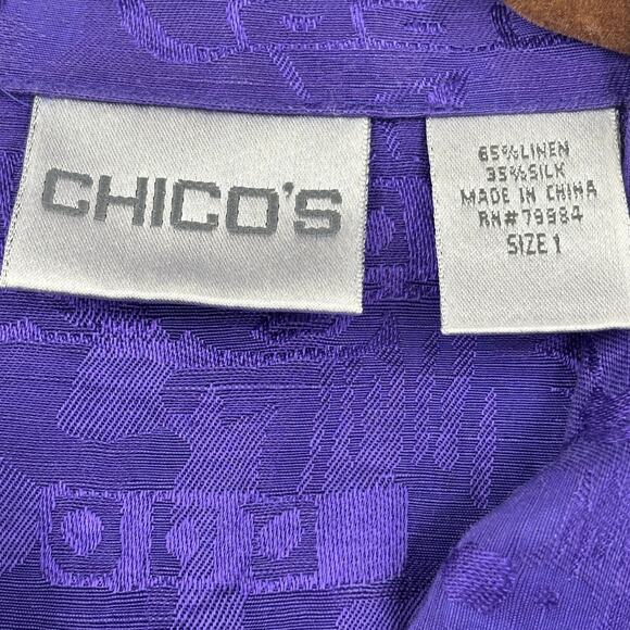 Chico's Blouse Top Womens Size M Purple Print Linen Silk Button Up Chest Pockets - Picture 3 of 9